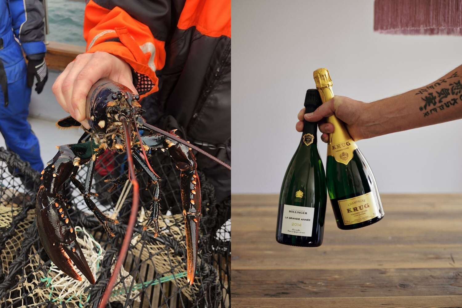 Hummer i hand ovanför fisknät och champagneflaskor på Grenna Hotell