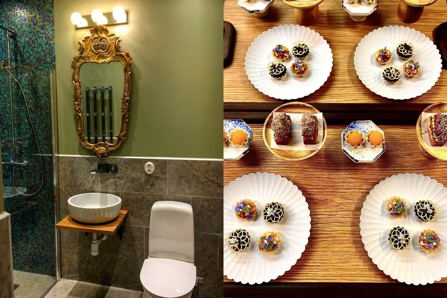 Badrum med guldspegel och mosaikvägg på Grenna Hotell och tallrikar med små desserter och bakverk på träbord
