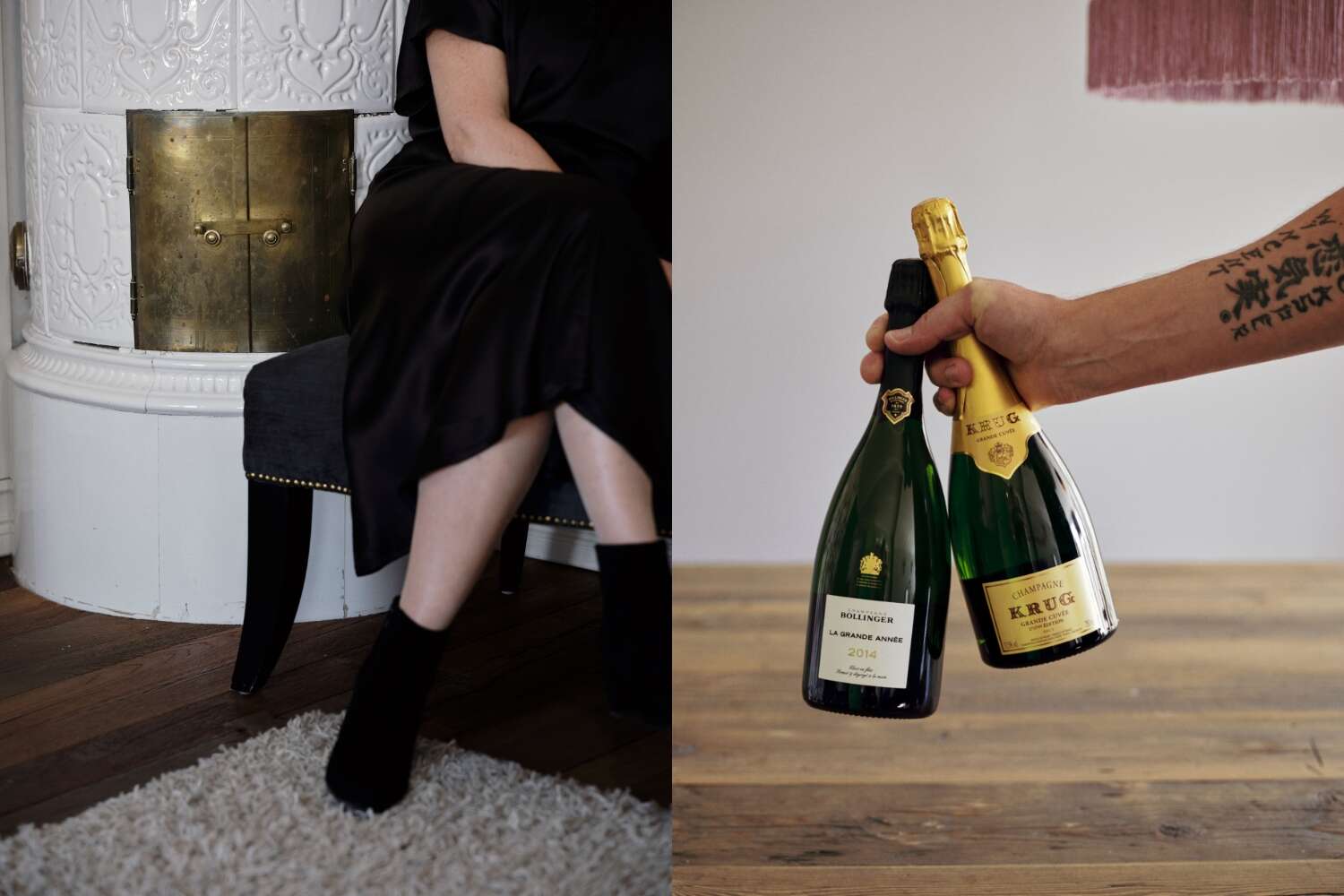 Person i svart klänning vid kakelugn och hand som håller champagneflaskor på Grenna Hotell
