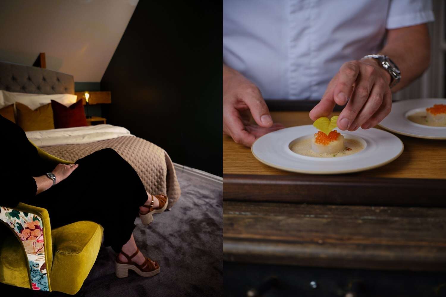 Person i fåtölj vid hotellrum och kock som lägger garnering på förrätt
