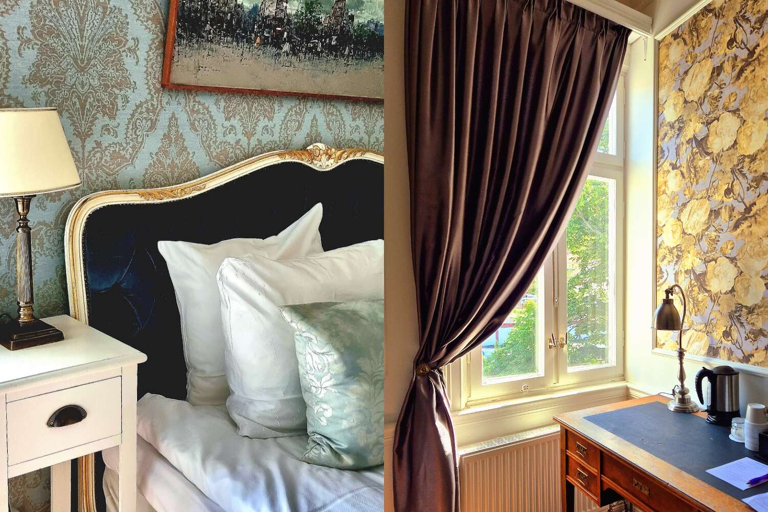 Elegant säng med mörk sänggavel, mönstrade tapeter och skrivbord vid fönster på Grenna Hotell