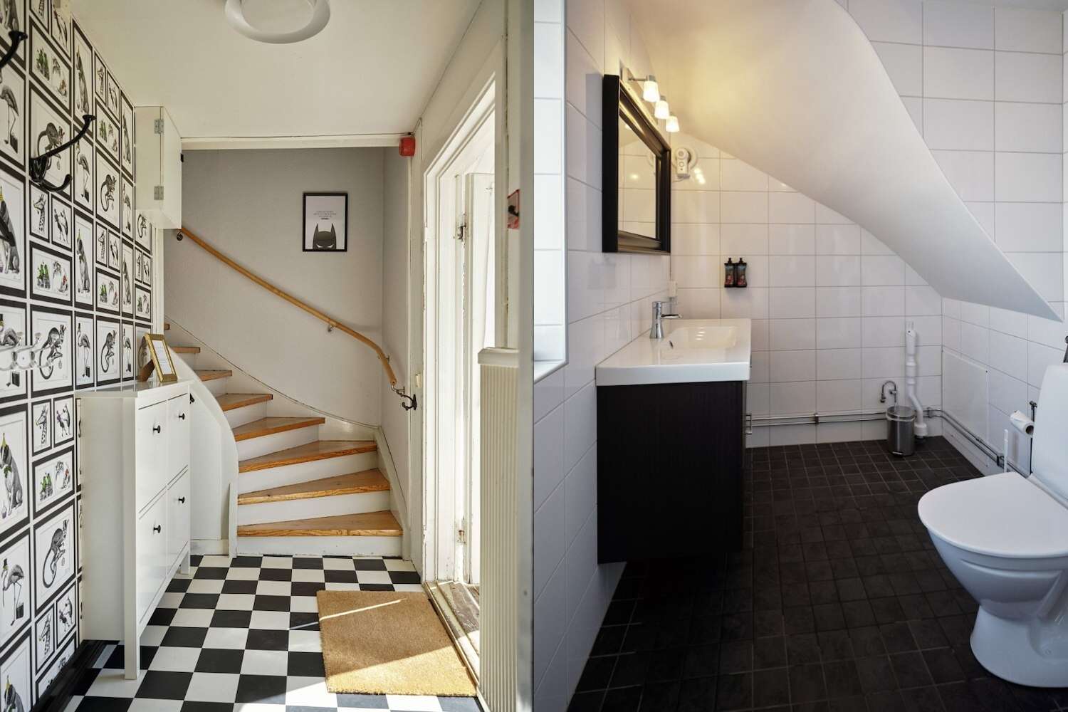 Hall med trappa och svartvitt klinkergolv samt badrum med handfat och toalett