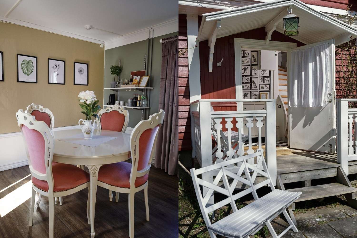 Matsalsbord med rosa stolar och veranda med öppen entrédörr och vit träbänk